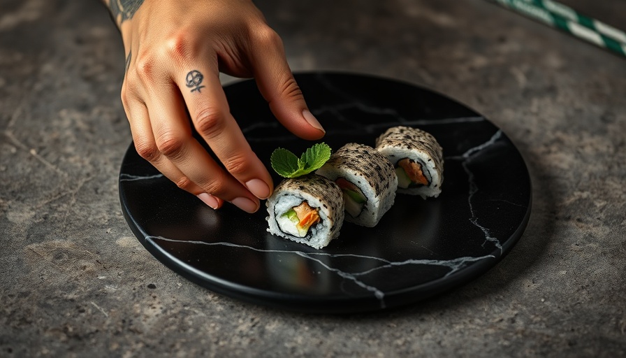 Tattooed hand with sushi roll on plate at Shiso Wynwood Restaurant Opening.