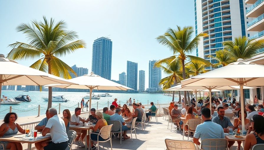 Outdoor dining scene in Miami with palm trees.