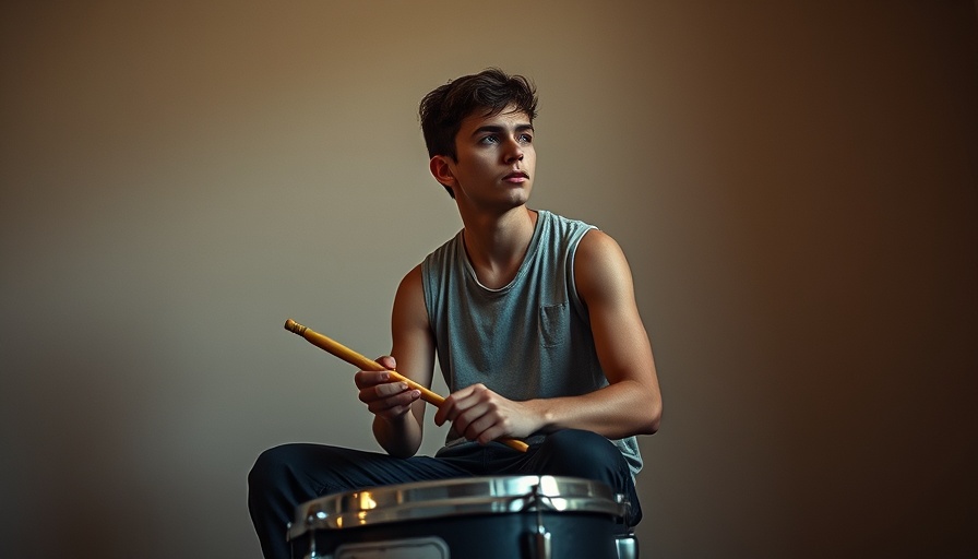 Varun Das seated with drumsticks for Childlike Album photo.