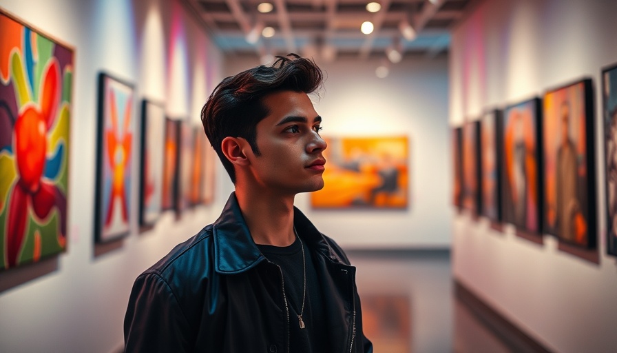 Contemplative young man in art gallery with vibrant lighting for inspiration.