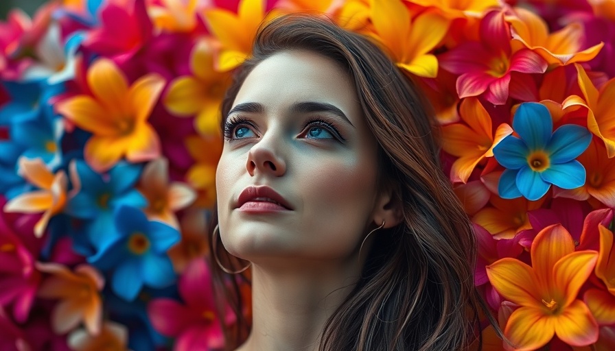 Contemplative woman in colorful floral array, immersive music experience inspiration.