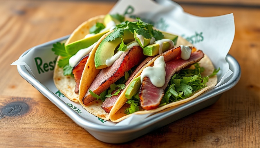 Seared tuna taco with avocado and sauce on a tray