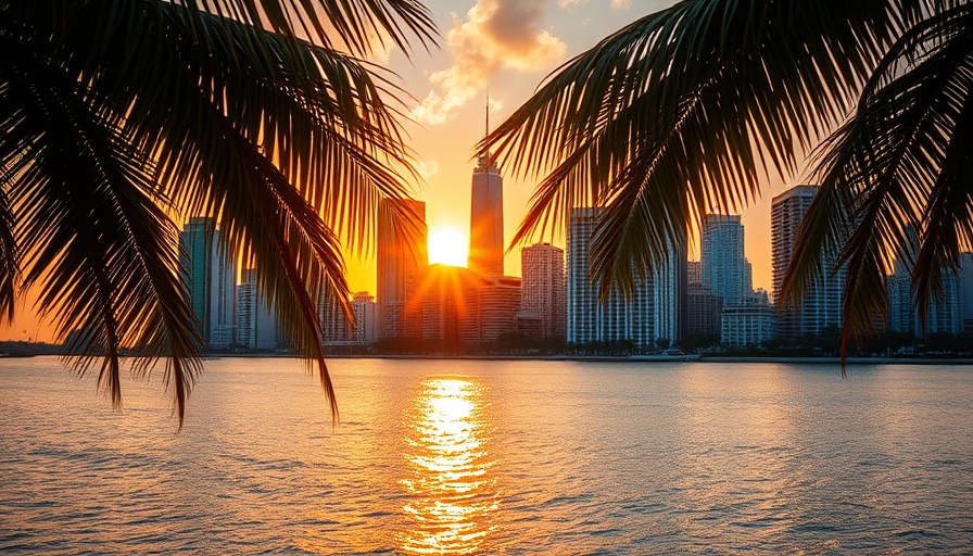 Stunning Miami skyline at sunset framed by palm fronds.