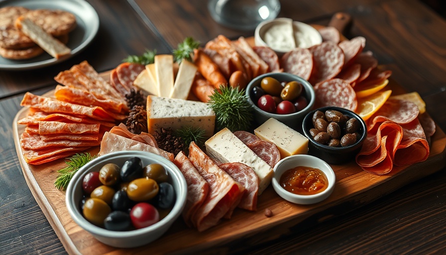 Charcuterie board with meats, cheeses, and spreads on a wooden table.