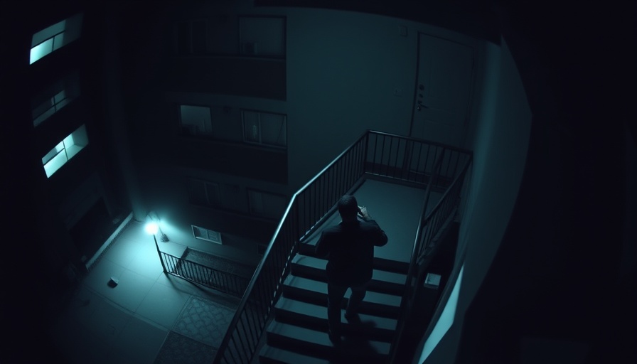 Nighttime security footage depicting person in dimly lit apartment.