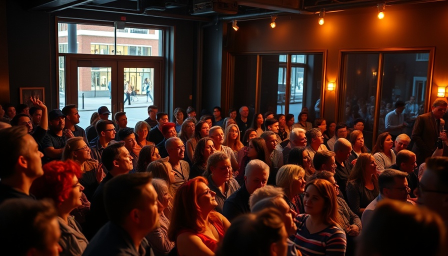 Engaged audience at a Miami comedy show with ambient lighting.