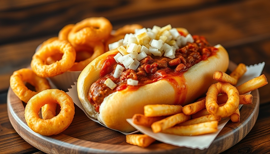 Best hot dogs in Miami with chili, onions, and sides on a table.