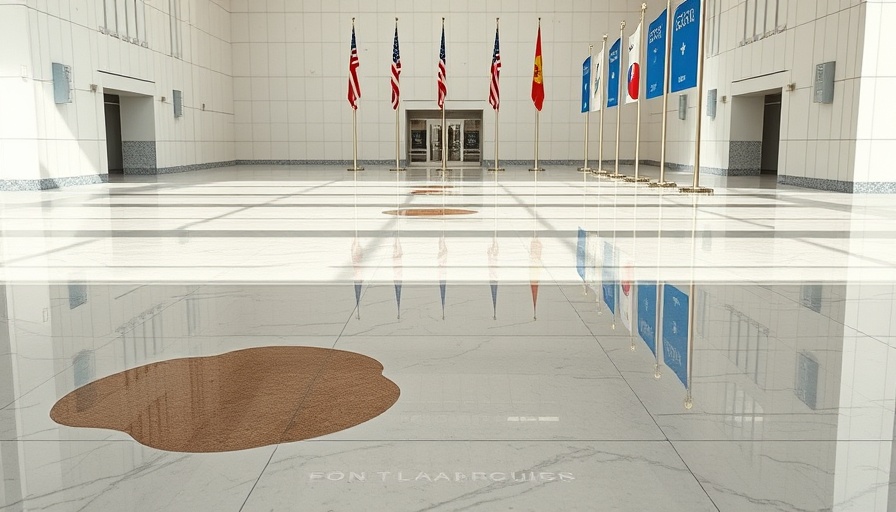 Florida Alligator Alcatraz flooding: Reflective wet marble floor indoors.