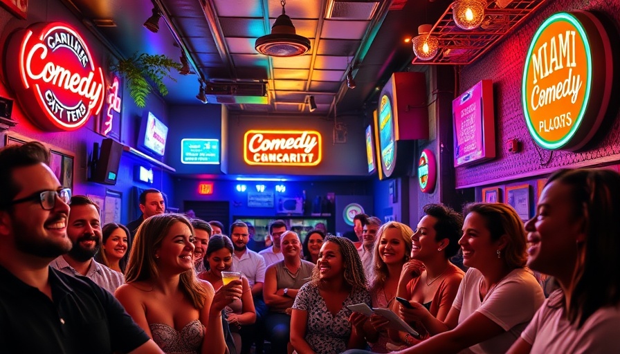Miami comedy event with lively audience in a colorful club.