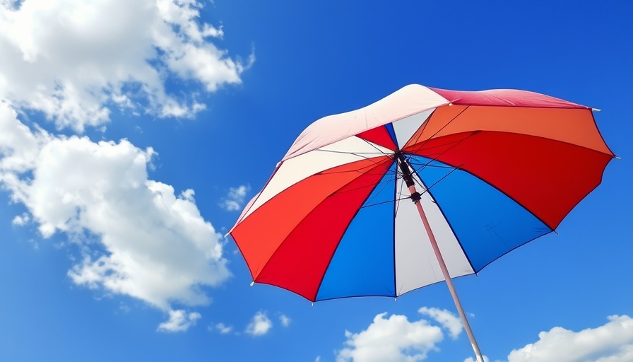 Red, white, and blue umbrella against a clear sky for Miami Fourth of July fireworks forecast.