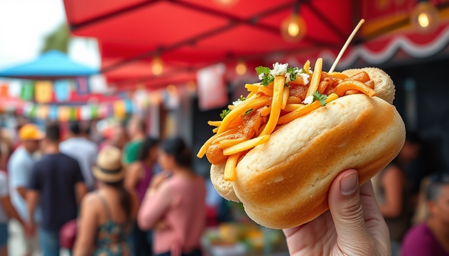 Vibrant gourmet hot dog being served outdoors in Miami.