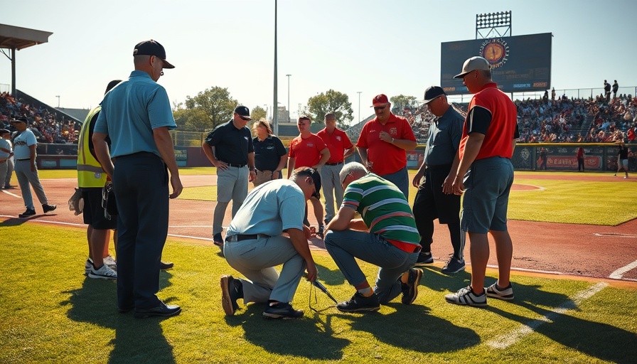 Emergency aid scene as doctor saves umpire during baseball game.