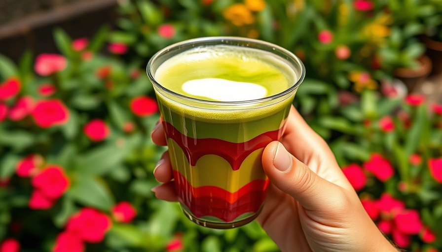 Best Matchas in Miami: vibrant layered matcha latte shot outdoors