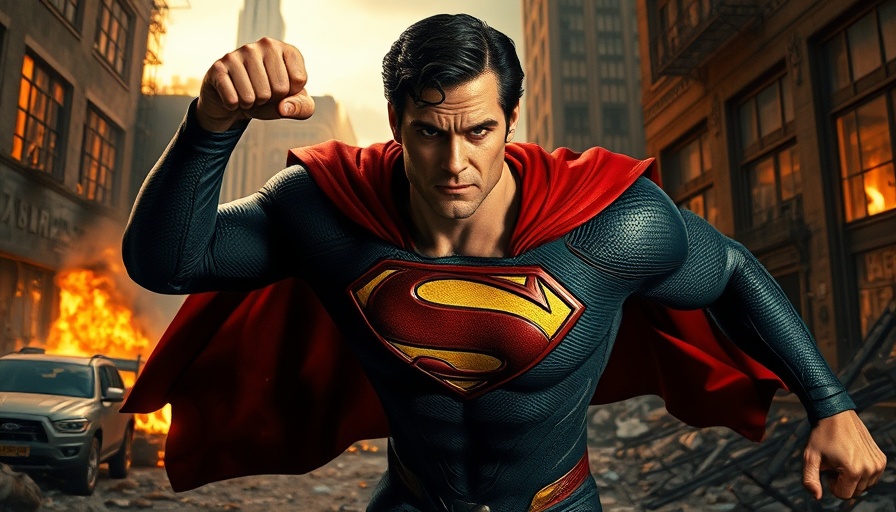 Intense Superman in a battle stance amid destruction