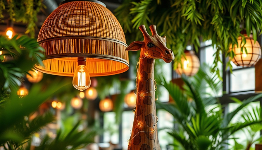Jungle-themed restaurant Miami with decorative lamp and giraffe.