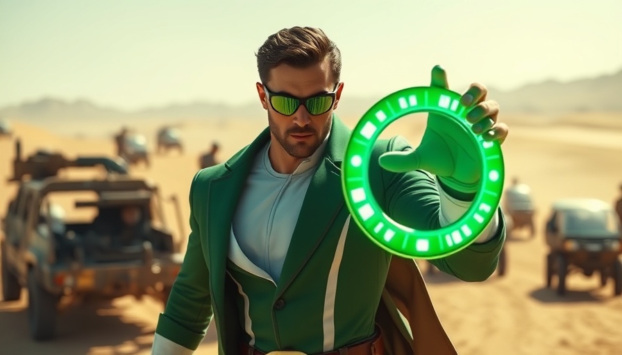 Nathan Fillion Guy Gardner with bowl cut and glowing ring in military setting.