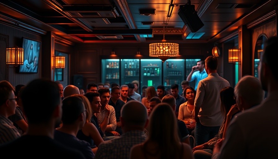 Stand-up comedy event in stylish Miami bar with engaged audience.