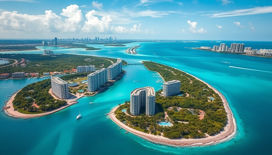 Aerial view of luxurious Fisher Island real estate with Miami skyline.