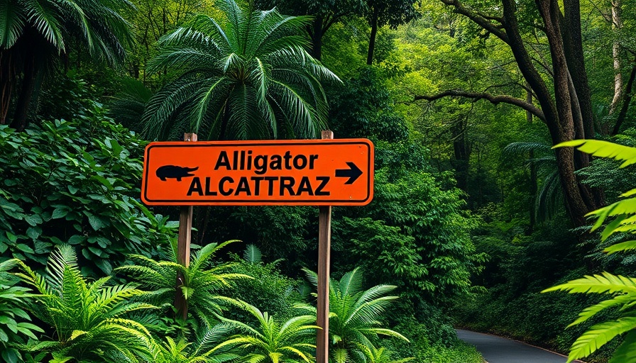 Florida Alligator Alcatraz road sign amidst lush greenery
