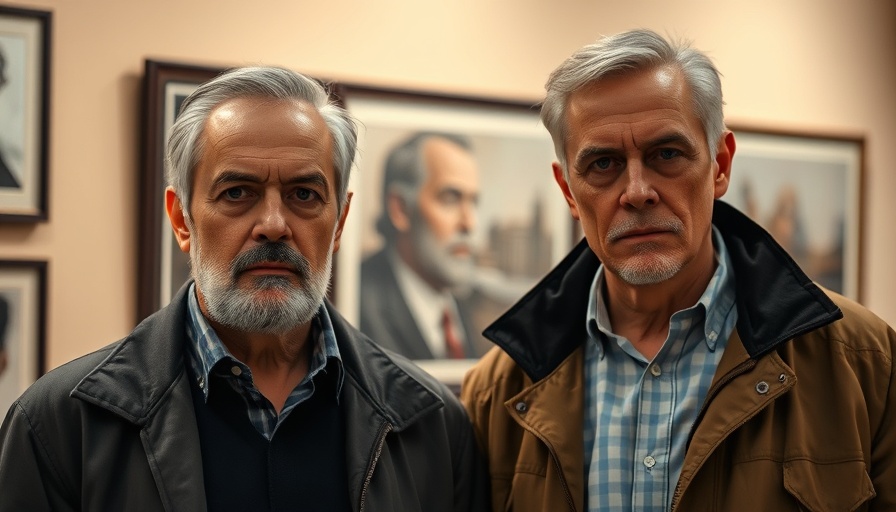 Two men standing in front of artwork in an indoor setting.