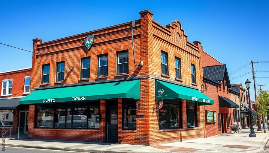 Duffy's Tavern facade under clear blue sky with green awning.