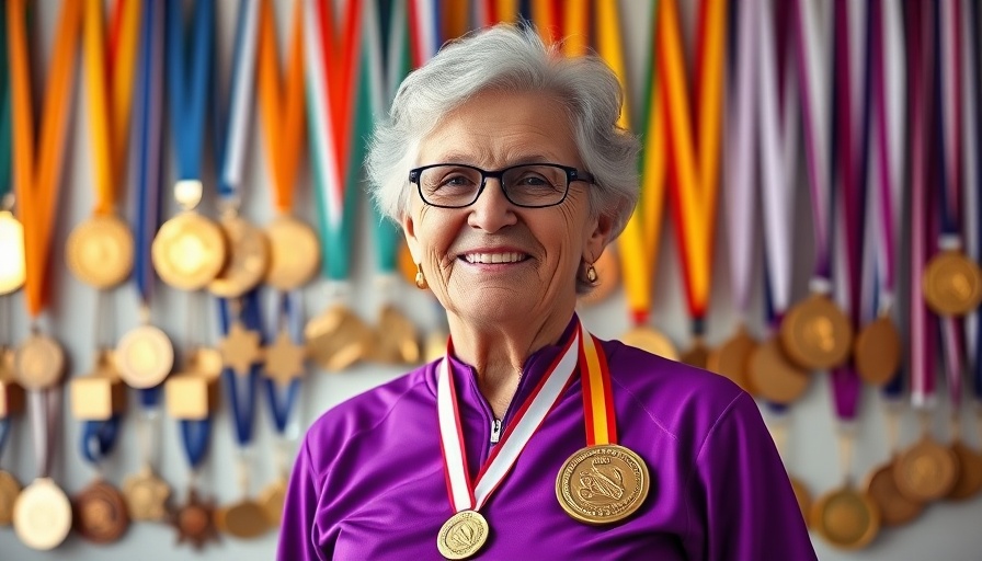 Senior athlete with medals, celebrating achievements in National Senior Games.