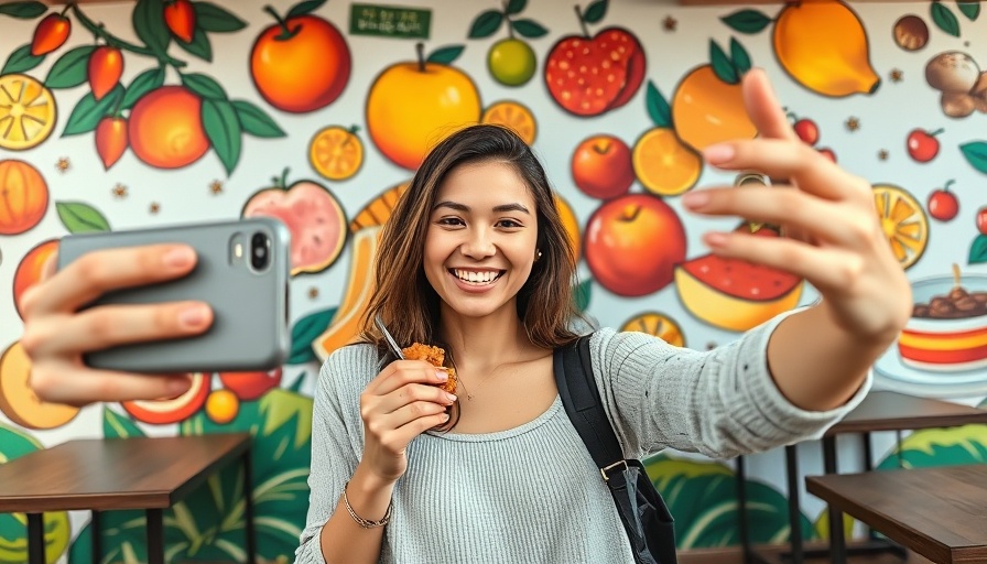 Culinary Experience at Peel in Miami Shores: Young woman enjoying a snack outside a colorful cafe.