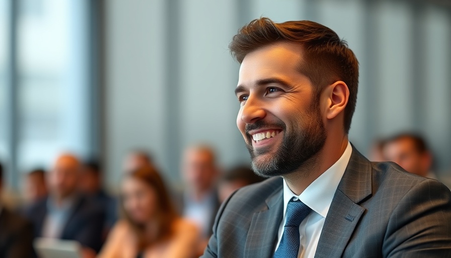 Smiling man discussing HR technology at a conference.