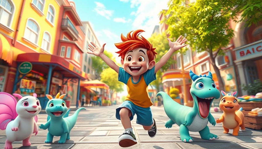 Anime-style city scene with a joyful trainer and creatures.