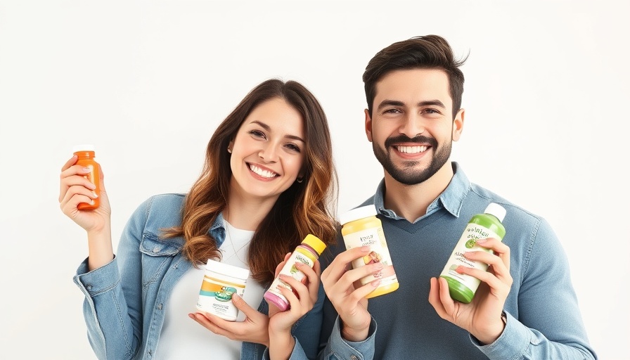 Man and woman holding health products in a bright setting.