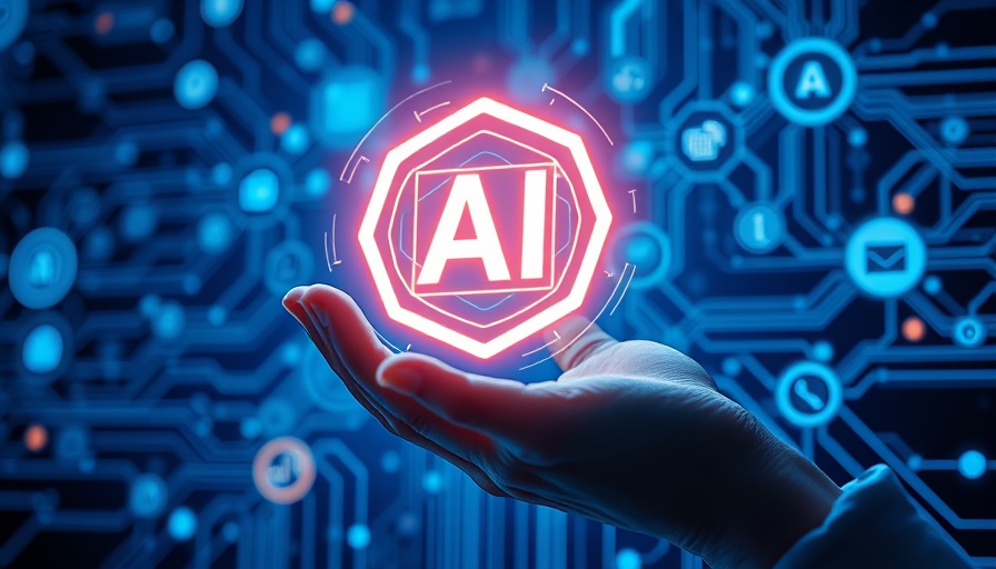 Hand holding AI symbol with digital technology graphics.