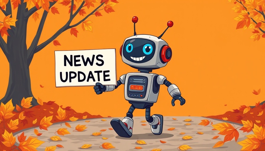 AI in education news update cartoon robot with sign, autumn theme.