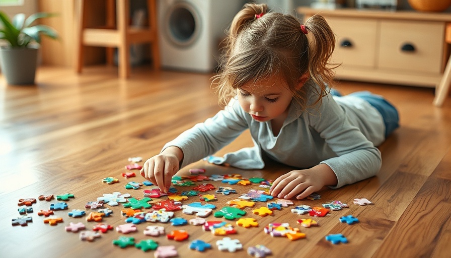 Kids puzzle hunt activity, young girl assembling jigsaw indoors.
