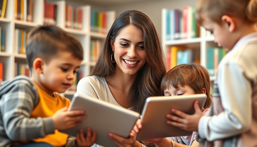 Teacher guiding children in early learning activities with tablets in library