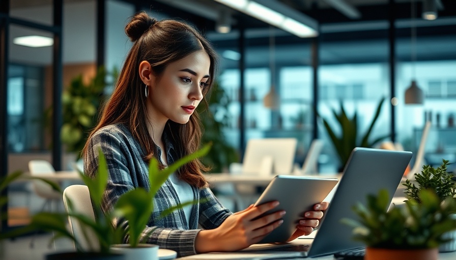 Focused woman working on E-Verify restoration in a modern office.