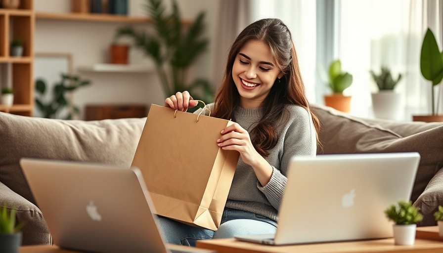 Joyful woman using AI-powered commerce at home.