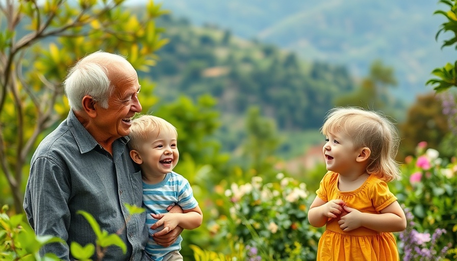 Grandparents with grandchildren in garden, showcasing grandparent childcare flexibility.