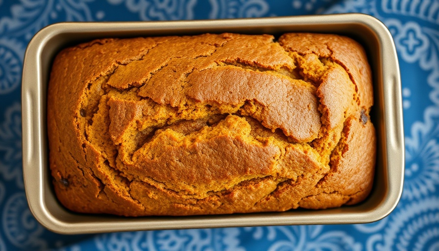 Freshly baked pumpkin banana bread in loaf pan.