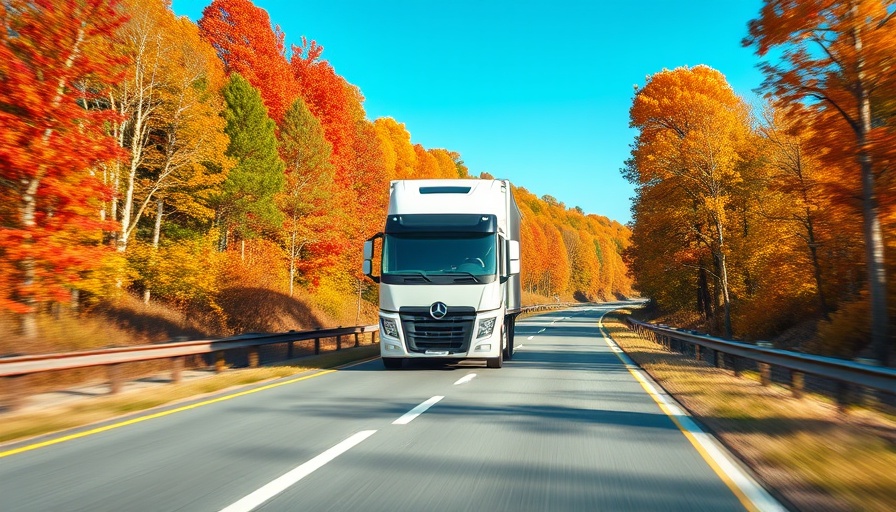 White moving truck traveling on highway during fall season.