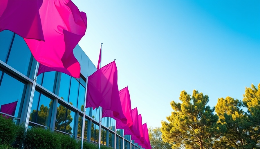 Corporate building with colorful flags, symbolizing AI investment sustainability.