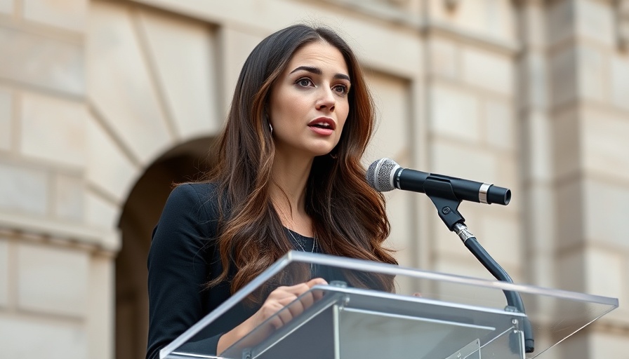 AI startups: Woman speaking at podium in professional setting.