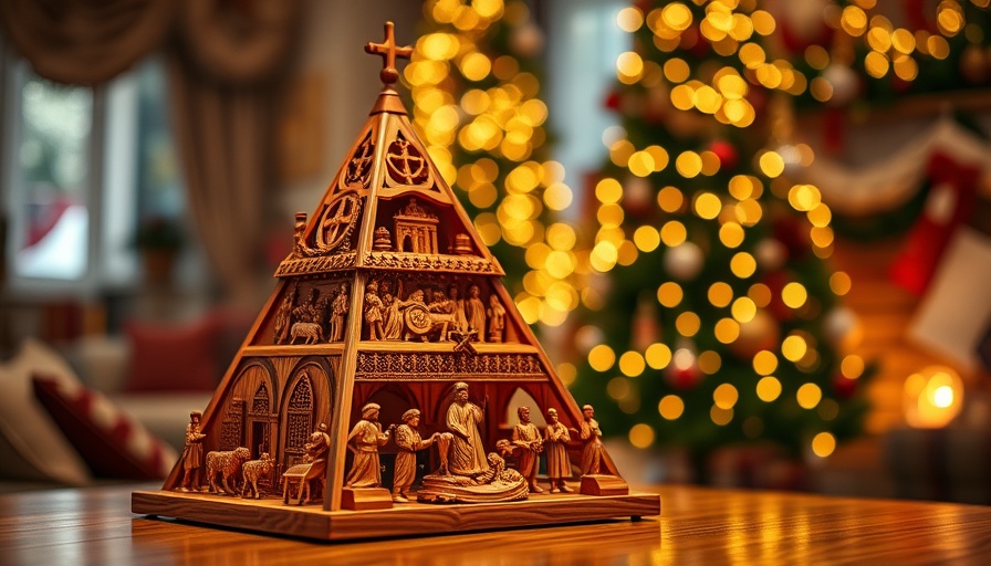 Intricate wooden Christmas pyramid with festive bokeh background.