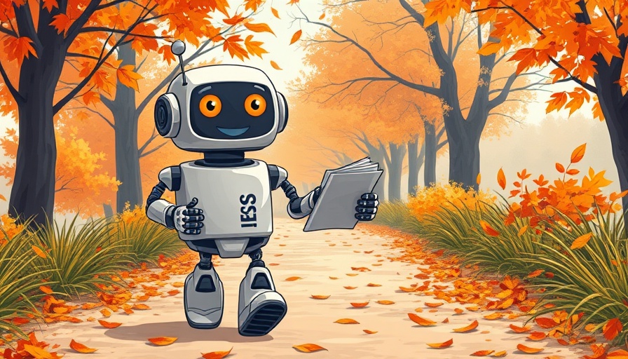 AI courses in education themed cartoon with a robot holding a news brief on an autumn path.