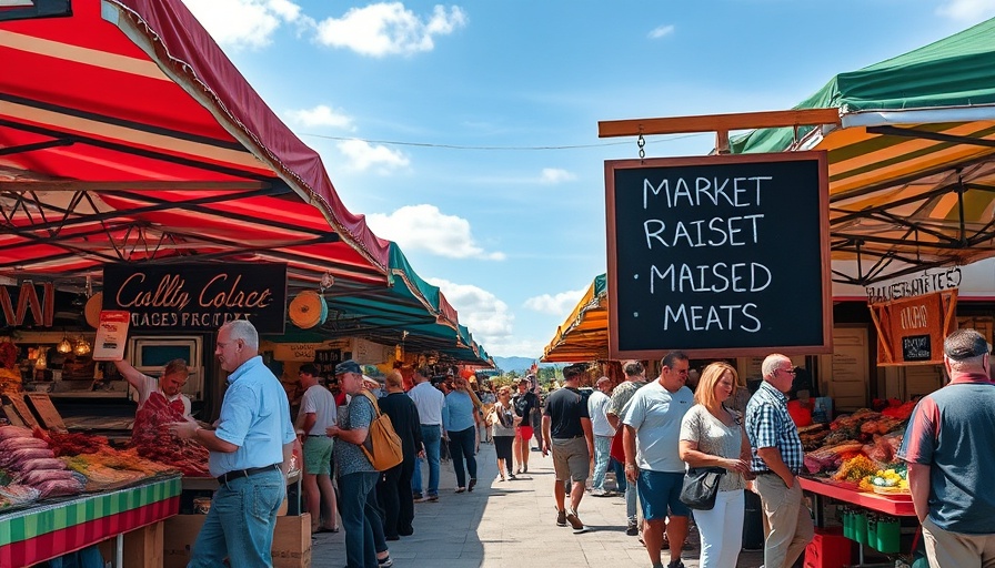 San Antonio farmers market with vendor tents and farm-raised meats sign.