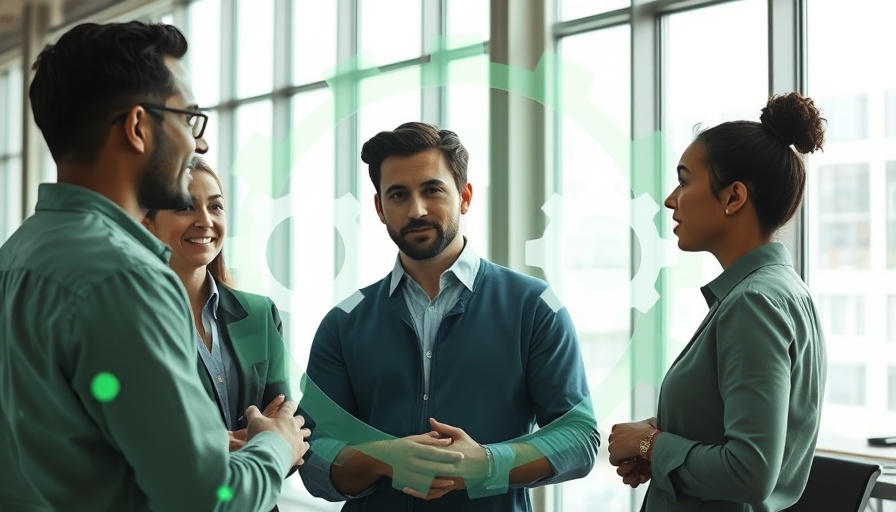 AI automation engineers discussing projects with gear overlay in office.
