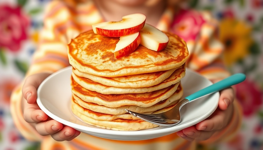 Stack of fresh apple pancakes on a plate held by a child.