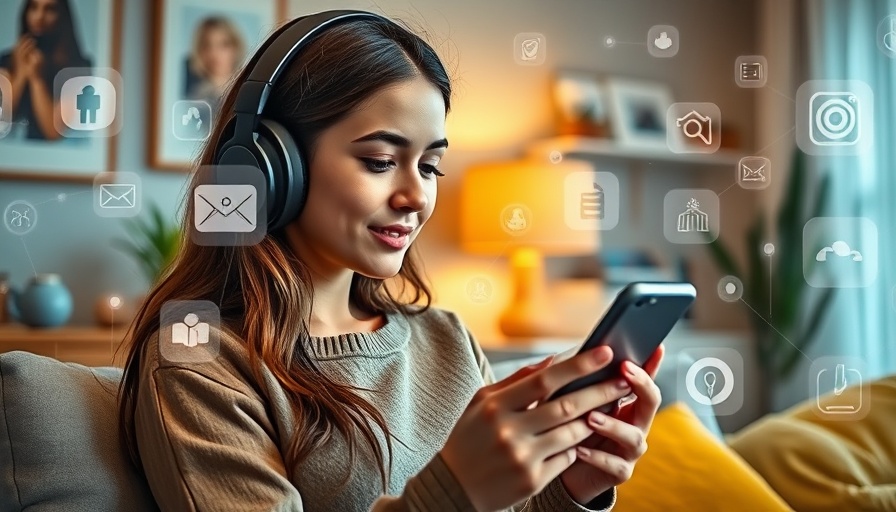 Young woman using smartphone with digital icons in AI-powered workplace.