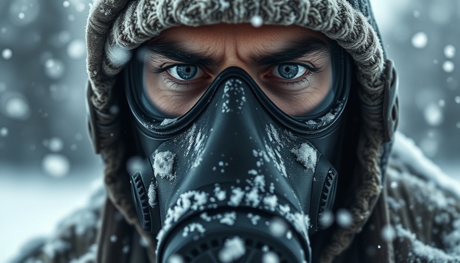 Generative AI content creation depicting person with frosted gas mask in snow.