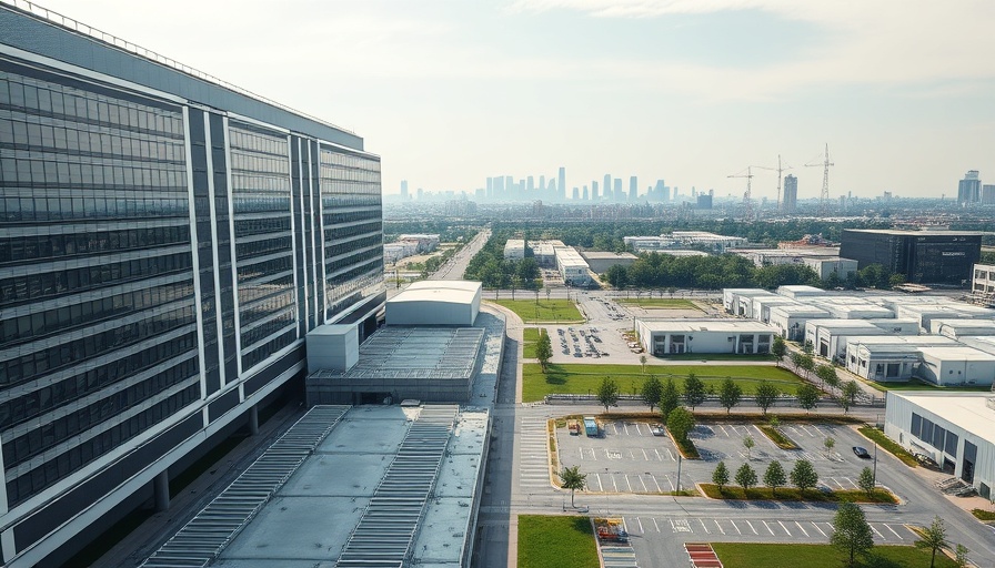 Modern data center building in urban setting with skyline view.