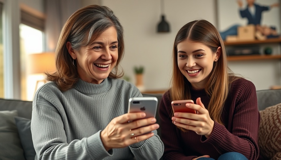 Mother and daughter happily showing off iPhone 17 at home